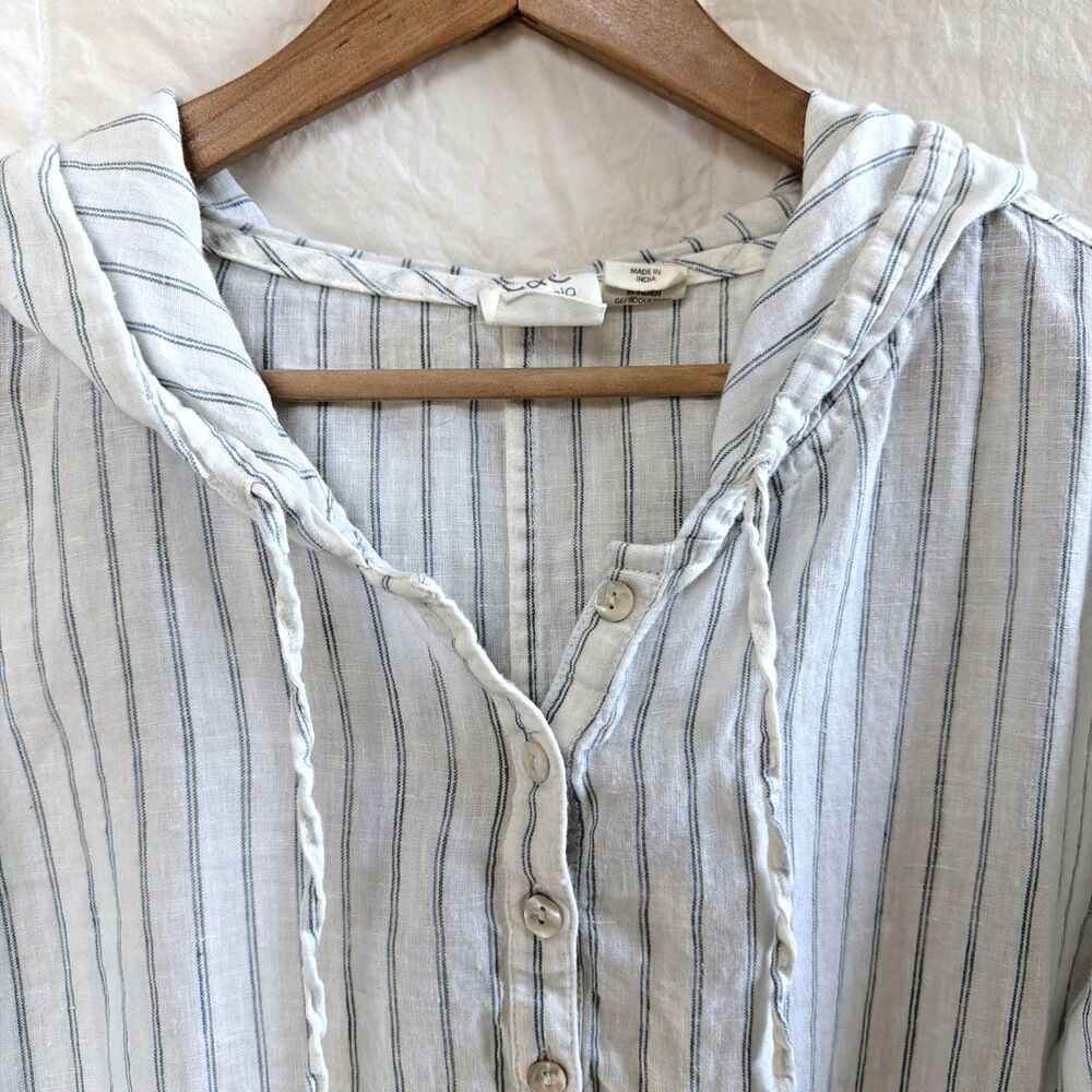 C&C California Womens Medium 100% Linen Striped Hoodie Pullover Shirt White Blue - Picture 4 of 15